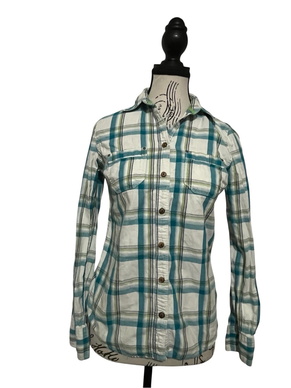 Aeropostale Women's Plaid Grunge Button Down Shirt Small Teal Blue White Check